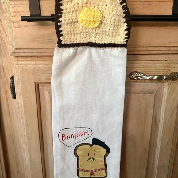 Handmade Crochet Bread & Butter Hanging Kitchen Towel - French Toast "Bonjour" - Picture 6 of 6